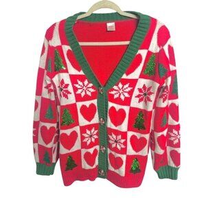 Holiday Time VTG Christmas Cardigan Sweater Sequin w/Hearts Trees Snowflakes XS